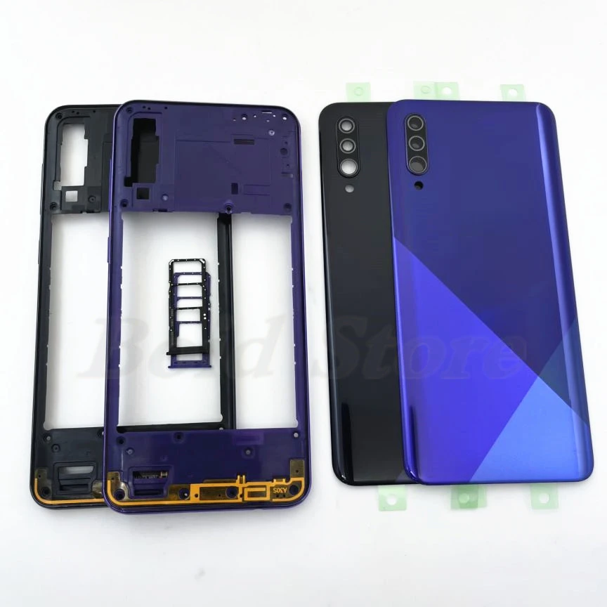 

Задняя крышка аккумулятора для Samsung Galaxy A30s A307, корпус, задняя дверь, средняя рамка, объектив камеры + слот для Sim-карты, лоток, запасные части