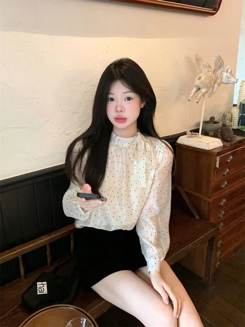 

Bow Tie Chiffon Blouse Women Spring Autumn New Vintage Shirt Polka Dot Round Collar Slim Top