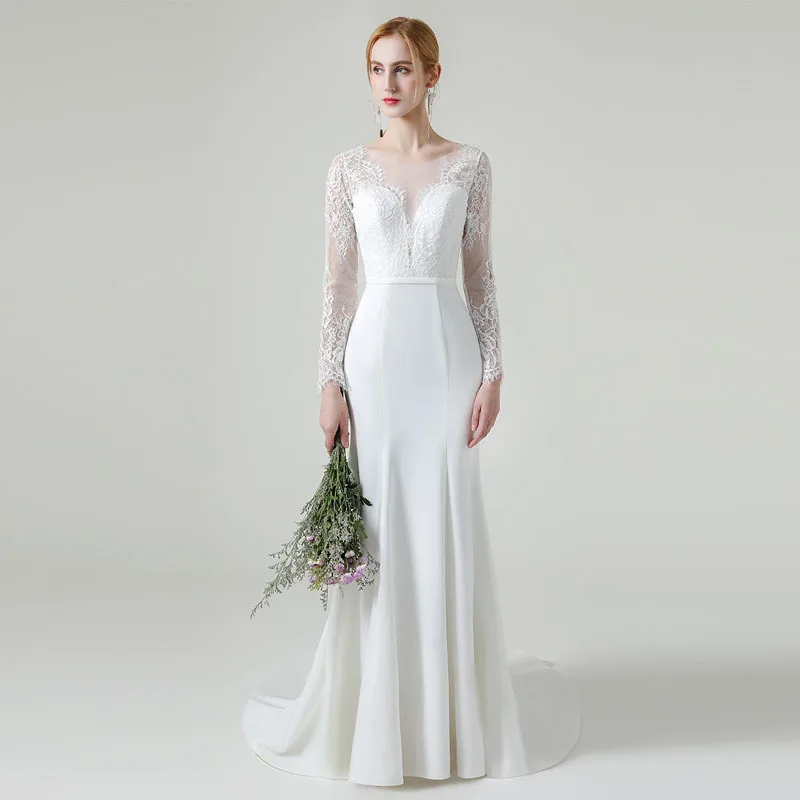 

French DeepVCollared Lace Long Sleeve Satin Bridal Light Wedding Dress Mermaid Slimming Simple Gown Outdoor Veil Dress
