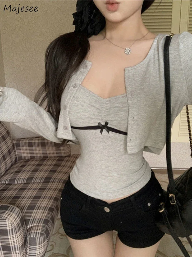 Sexy Women Sets Long Sleeve All-match Charming Cardigan Casual Aesthetic Crop Camis Slim Tender Bow Korean Style Autumn Design