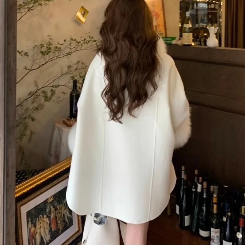 EAEOVNI 가을 겨울 신상 울 재킷 여성 패션 퍼 스플라이스 디자인 벨트 허리 조임 루즈 코트 우아한 2025 의류