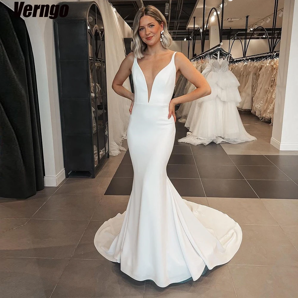 

Verngo Simple Mermaid Wedding Dresses V-neck Spaghetti Straps Women Bridal Gown Floor Length Satin Bridal Dress Vestido De Novia