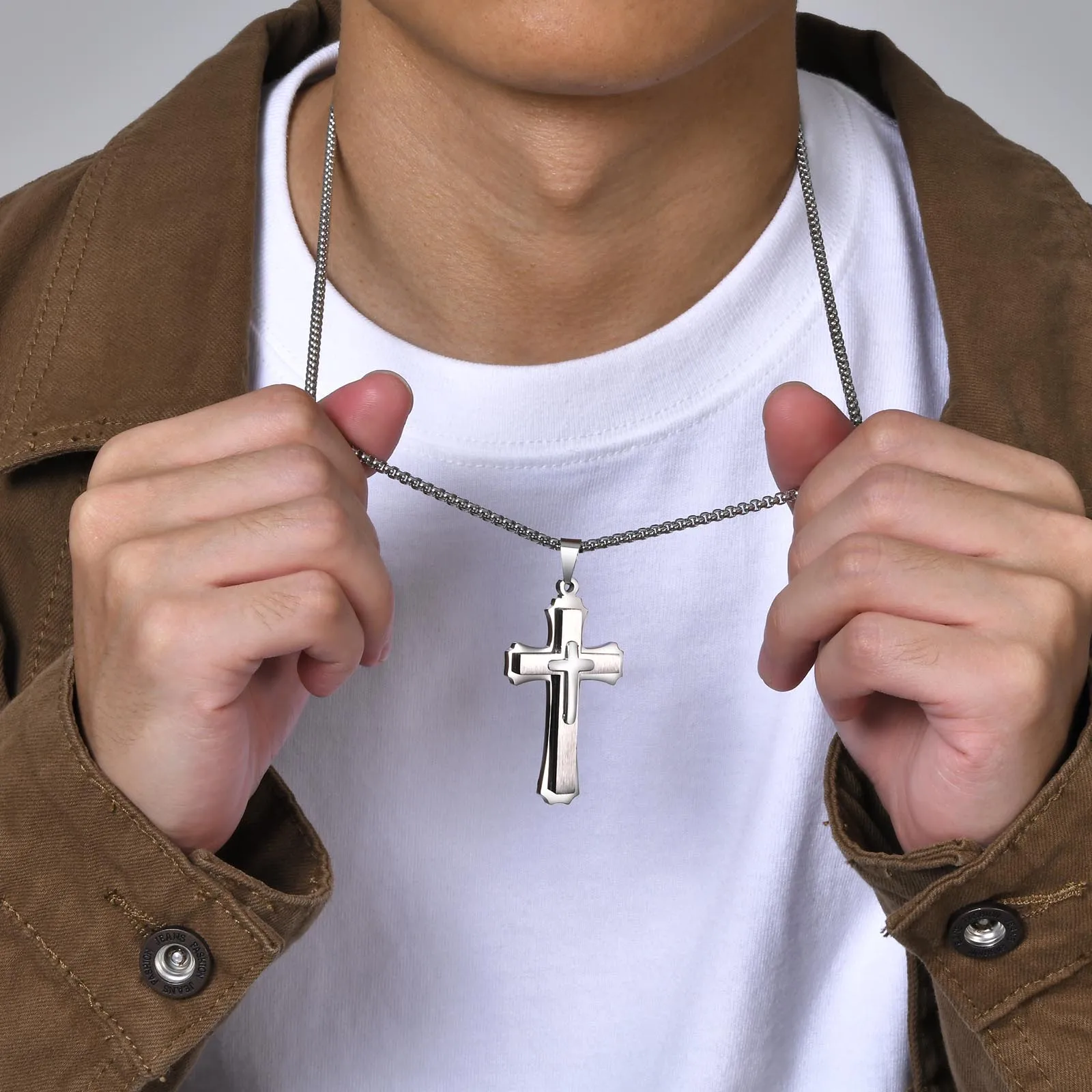 Mprainbow  Mens 3-Layers Cross Necklaces,Waterproof Stainless Steel Faith Pendant Collar with Box Chain Religious Prayer Jewelry