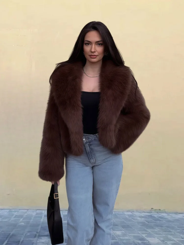 Retro Long Sleeved Fur Jacket for Women Solid Color Lapel Faux Fur Cardigan Tops Fashion Ccasual Thickened Warm Overcoat