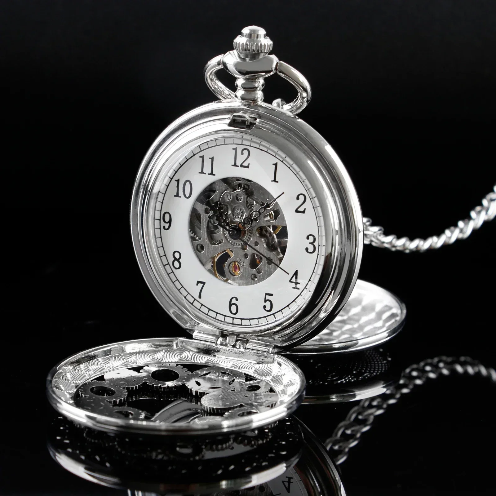 Silver Hollow Gear Mechanical Pocket Watches Vintage Vintage Dress 2 Sides Open Case Hand Wind Casual Fashion Pocket&Fob Watches