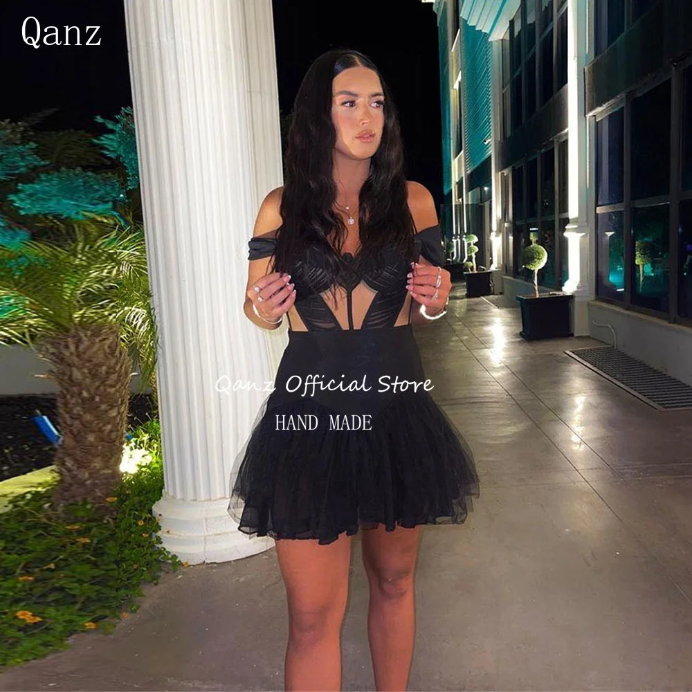 

Qanz Sexy Prom Dresses Off the Shoulder Tulle Reched Mini Cocktail Dresses Lace Up Back Dress Party Nigh Customized