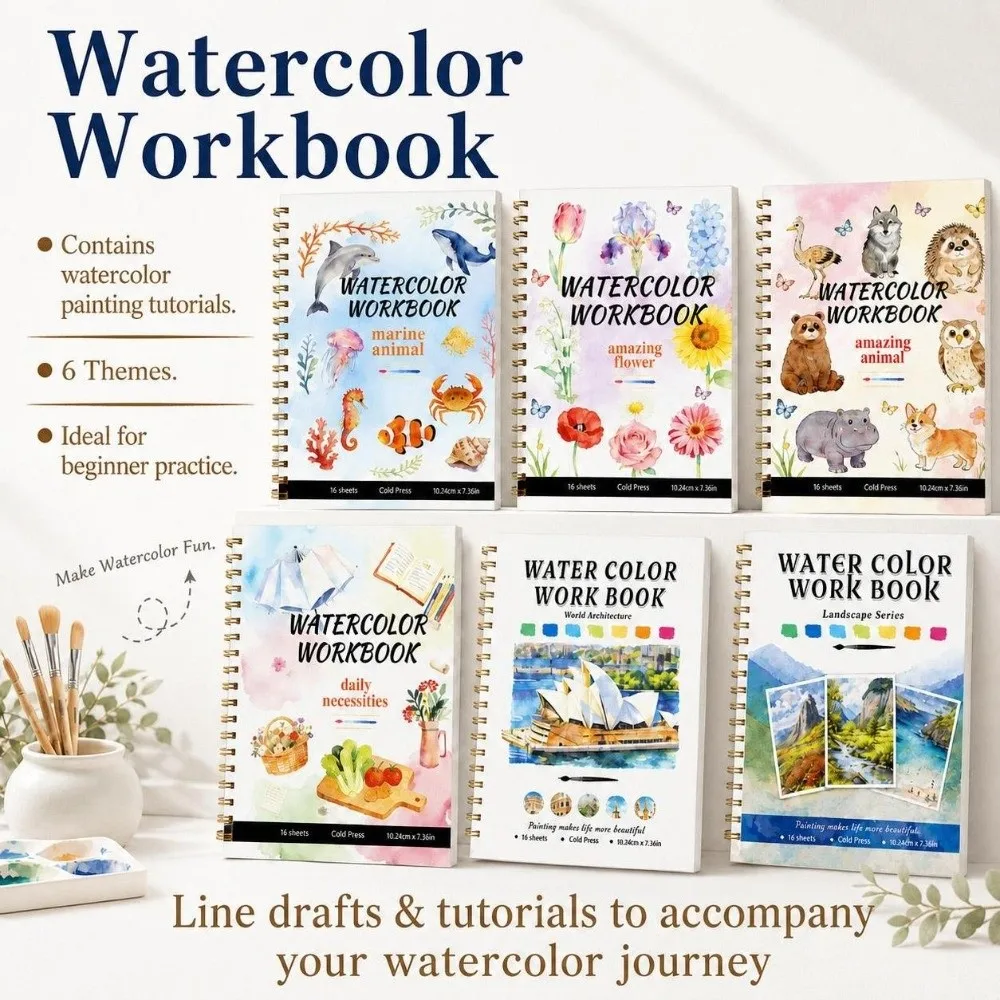 200GSM Watercolor Workbook Flower Scenery Animal Thickened Watercolor Painting Book Multiple Styles Spiral-Bound