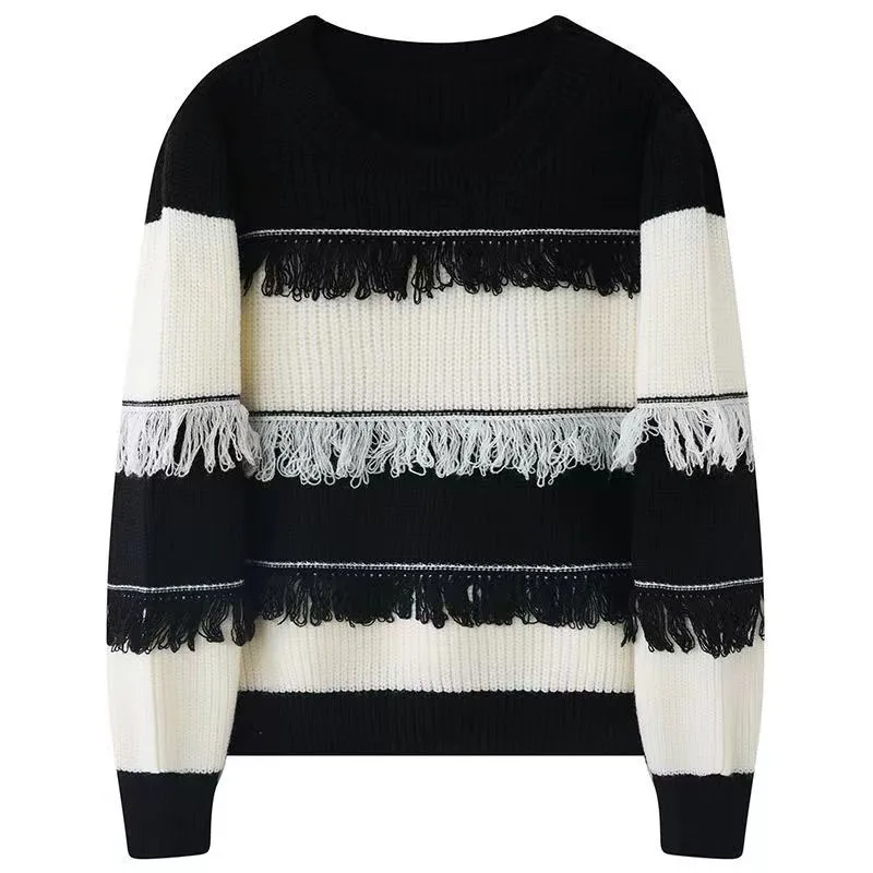 New Autumn/Winter Fashion Korean Stripe Color Matching Versatile Round Neck Tassel Lazy Style Slim Long Sleeve Knitted Sweater