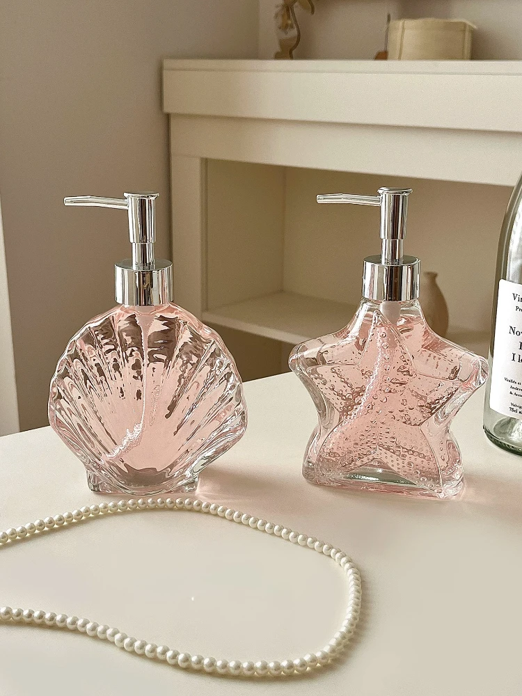 Transparent Glass Press Type Dispensing Bottle, Hand Sanitizer Bottle, Shell Starfish Shaped Bathroom Decoration, Portable