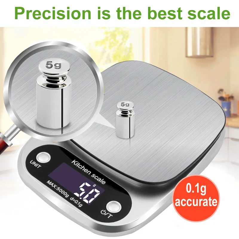 Household Kitchen Scale Electronic Food Scale Baking Scale Measuring Tool Stainless Steel Platform With Lcd Display 5kg/ 0.1g