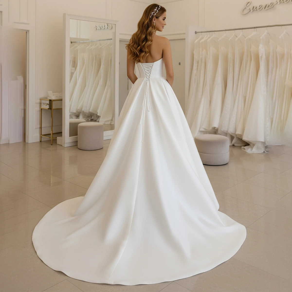 Strapless Satin Ball Gown Wedding Dresses With Slit Vestidos Novia Beach Bridal Party Gown For Bride Customer Made Elegant