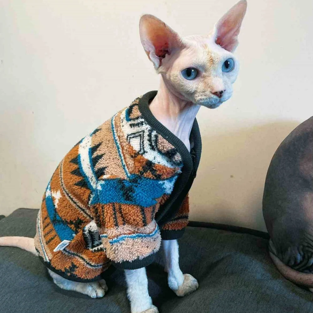 Zip-up Jacket Vintage Christmas Sweater Jacket for Hairless Cat Winter Warm Fleece Coat for Sphynx Cat Devon Rex  Soft Pajamas