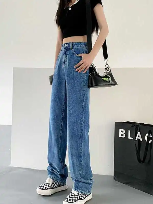 

Джинсы женские с высокой талией, прямого кроя, летние, новые, свободные, синие, без бренда, из ПУ-материала, для среднего возраста, большие размеры, средний размер S