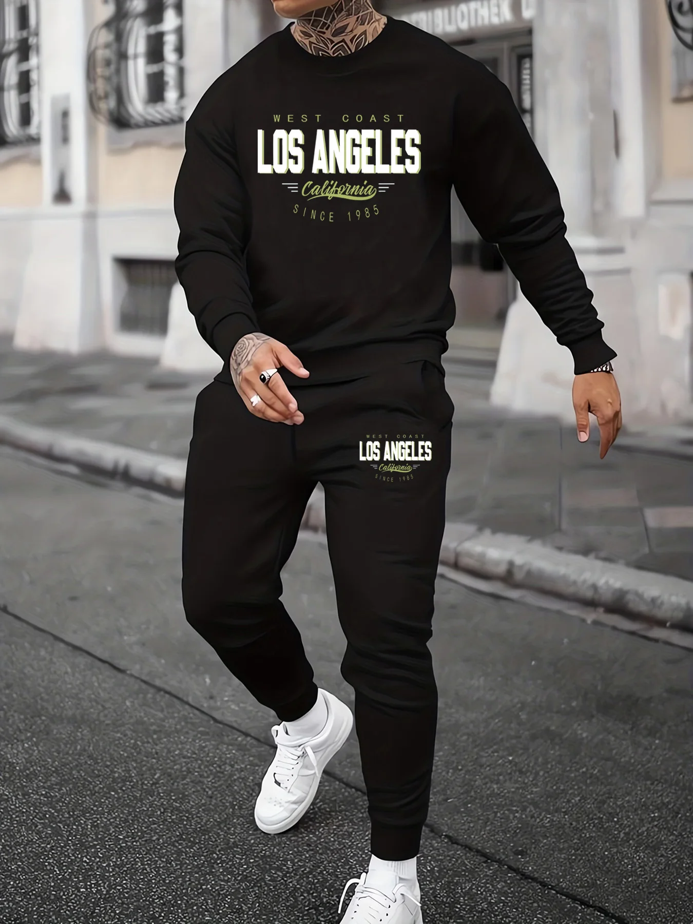 

Men's autumn and winter casual warm Los Angeles pattern printed loose and thick velvet round neck sweatshirt+sports pants set