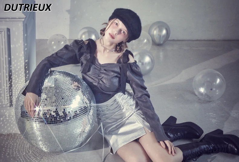 Primavera y otoño nuevo diseño fuera del hombro Top con cordones dulce linda blusa para niñas Color sólido manga larga Camisa corta versátil