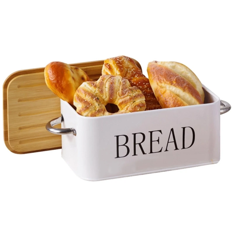 Stylish Bread Storage Bin with Bamboos Serving Board Lid Artistic Bread Preservation Boxes Metal Storage Container DropShipping