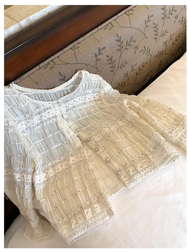 

Летний повседневный кардиган Lilian с вышивкой бисером, из полиэстера, с длинными рукавами, высокого качества