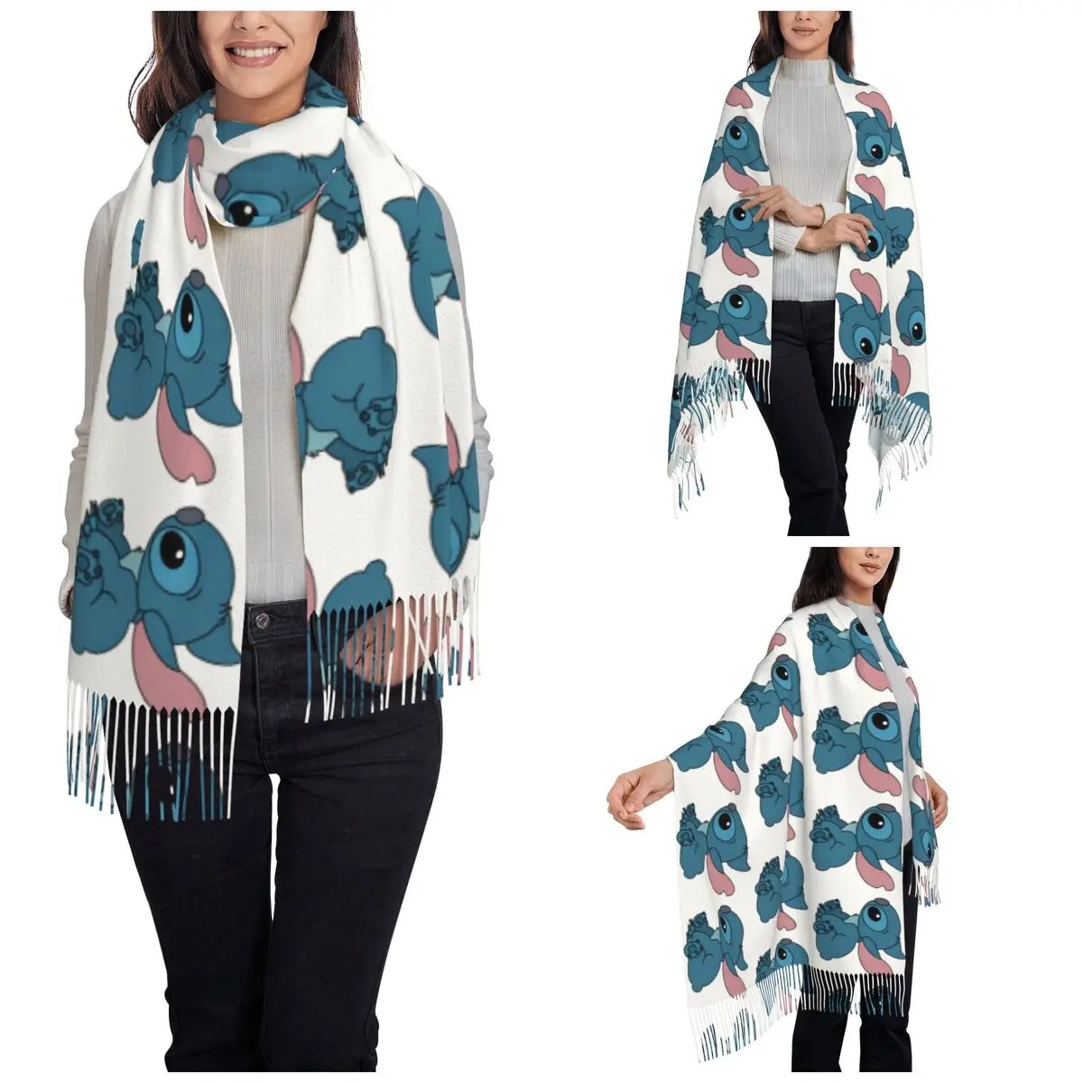 Lilo & Stitch Sitting Stitch Scarf for Womens Winter Warm Cashmere Shawl Wrap Cute Cartoon Long Large Shawl Scarf for Daily Wear