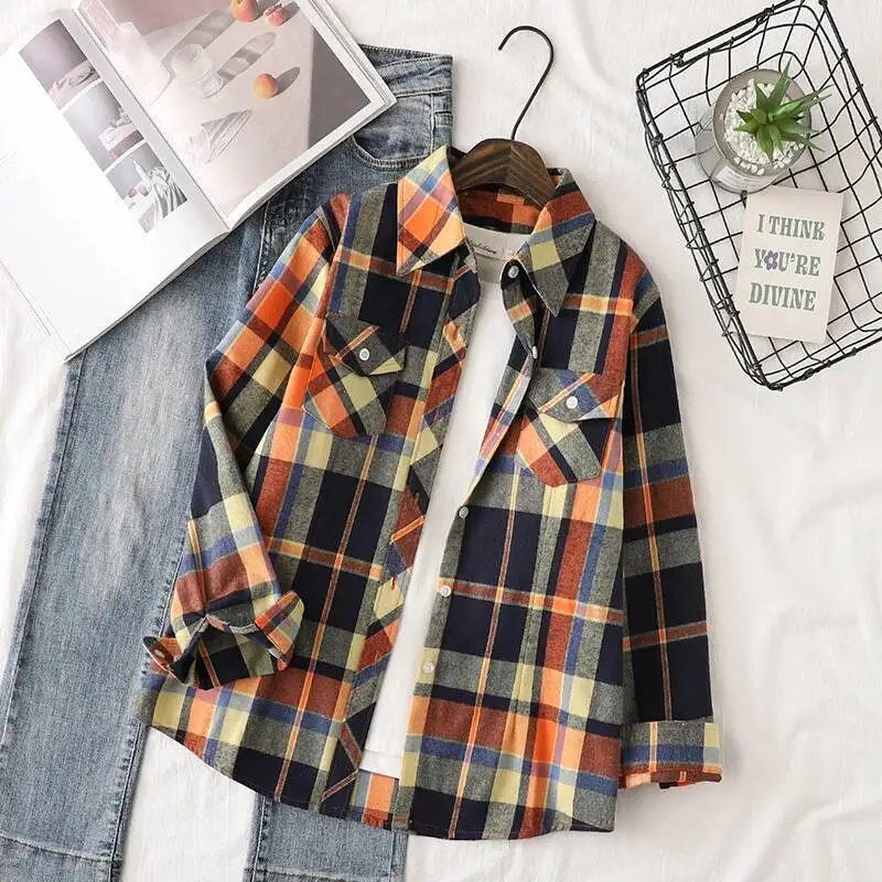 Katoen Flanel Plaid Shirts Vrouwen 2024 Herfst Nieuwe Vrouwelijke Casual Slim Fit Lange Mouw Blouses & Tops Dames Geruite Kleding