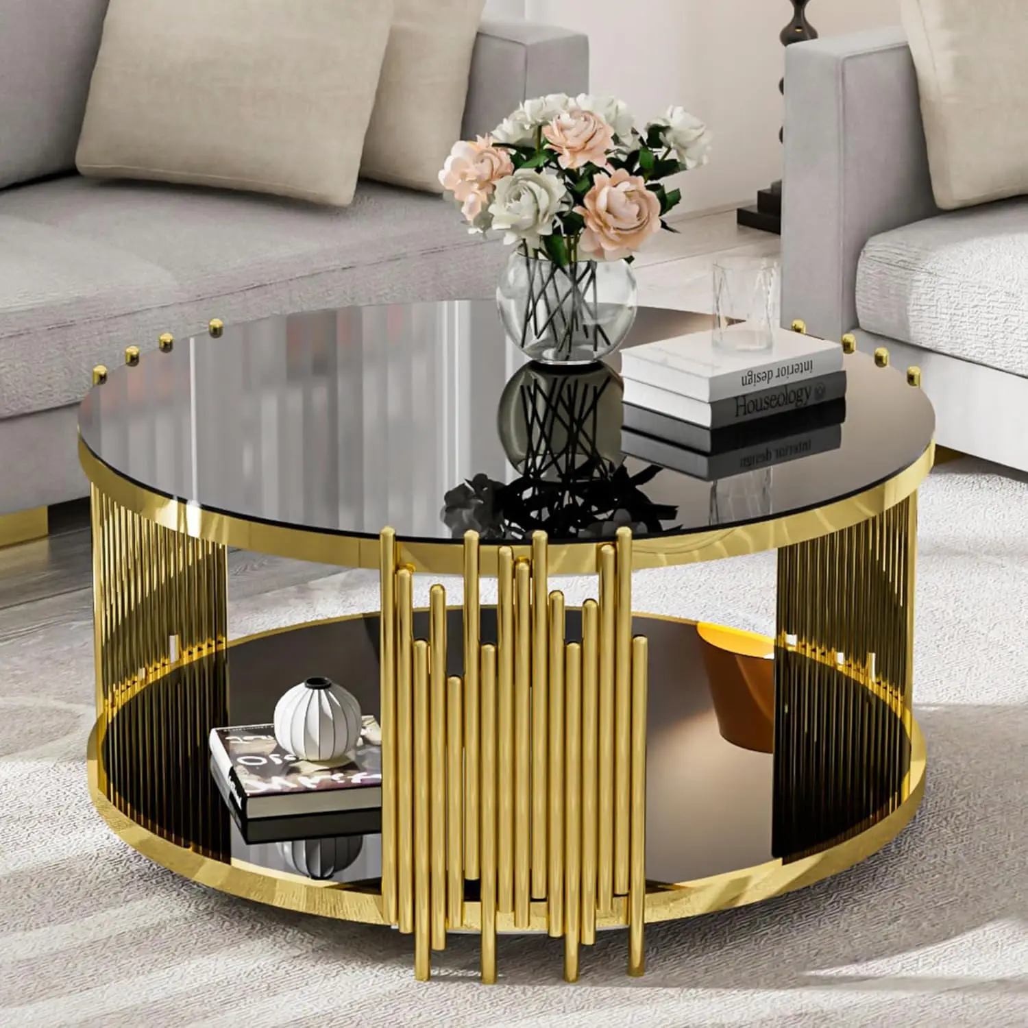 

Luxury Gold Round Glass Coffee Table, 35.4" Modern Center Table with Stainless Steel Irregular Leg Black Tempered, Customized
