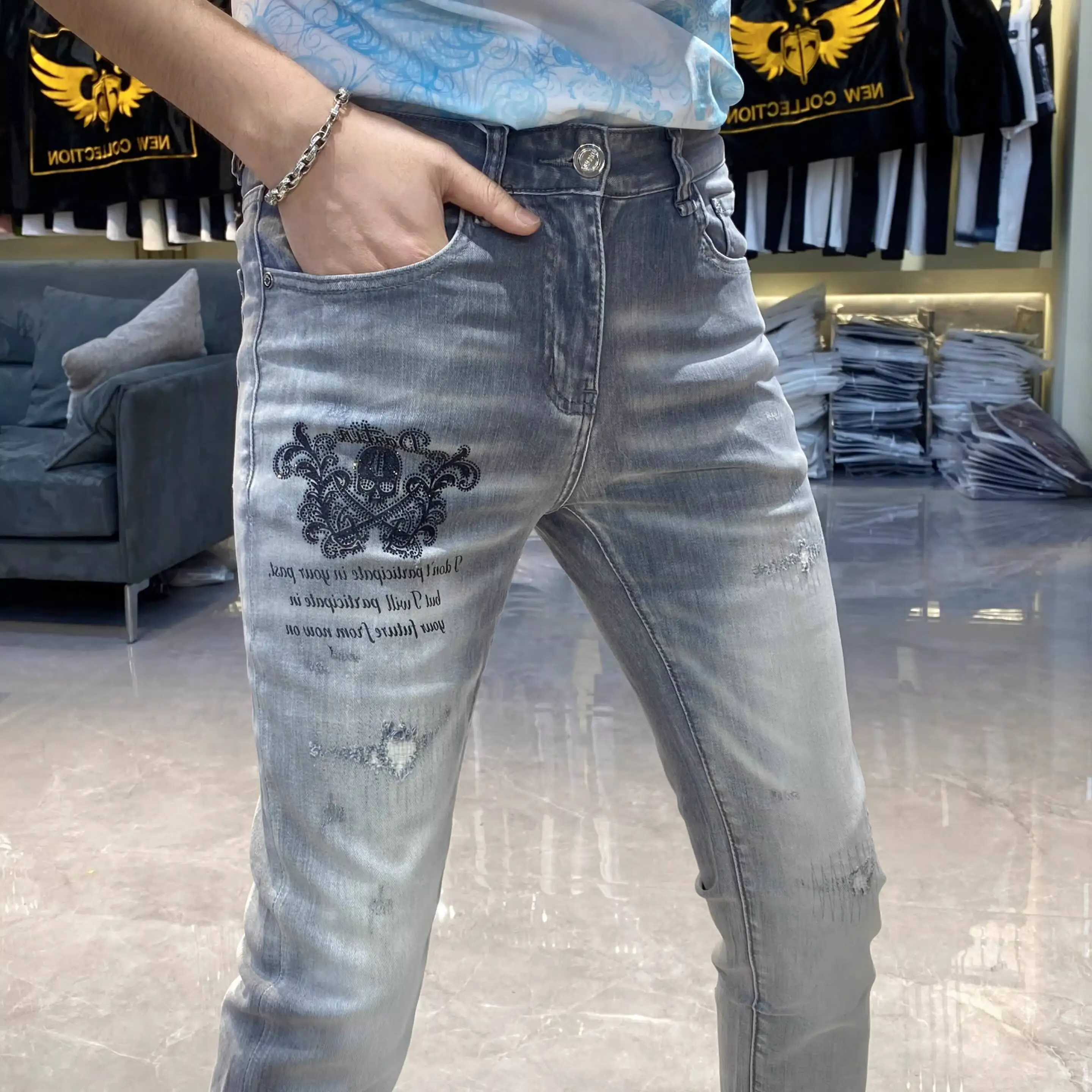Skull Hot Stamping Grey Jeans Men Spring Summer European Style Skinny Jean For Men Jean Masculina Vaqueros Hombre Jean Masculina