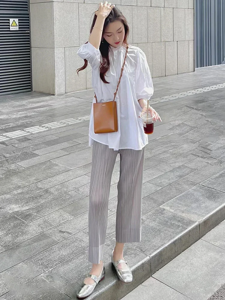 YUDX Miyake High-end Casual Pants Women 2023 Summer New Solid Color Fashion Simple Simple Pleated Straight Nine-quarter Pants