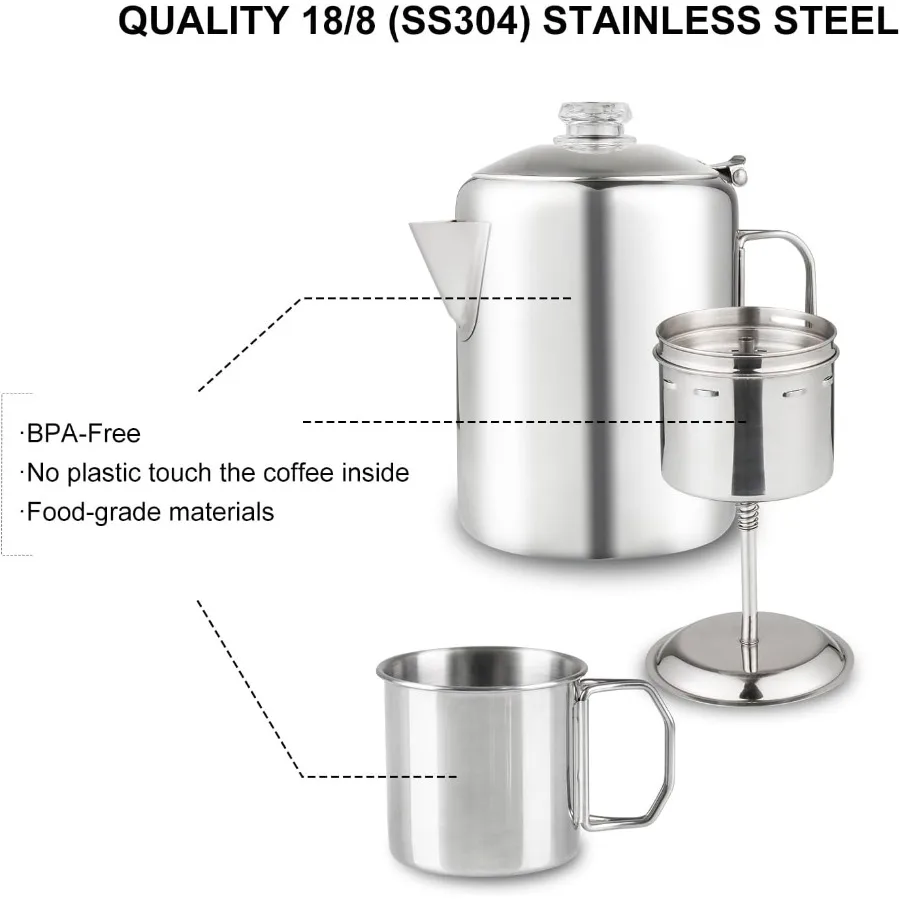 حزمة دورق القهوة مع 2 أكواب ماكينة صنع القهوة من الفولاذ المقاوم للصدأ مع مقبض زجاجي قوي مقاوم للحرارة ومقبض قابل للطي مثالي