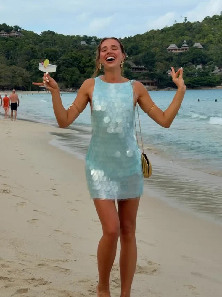 Sexy Pailletten-Rückenfreies Ärmelloses Kurzes Kleid Damen Hochgeschnittenes Bodycon Mini-Kleid 2026 Strand Urlaub Party Club Outfits