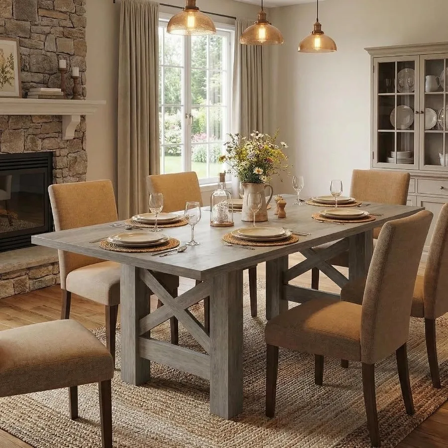 Farmhouse dining table for 6-8, solid wood, natural brown, heavy-duty thick tabletop and reinforced legs for spacious kitchen o