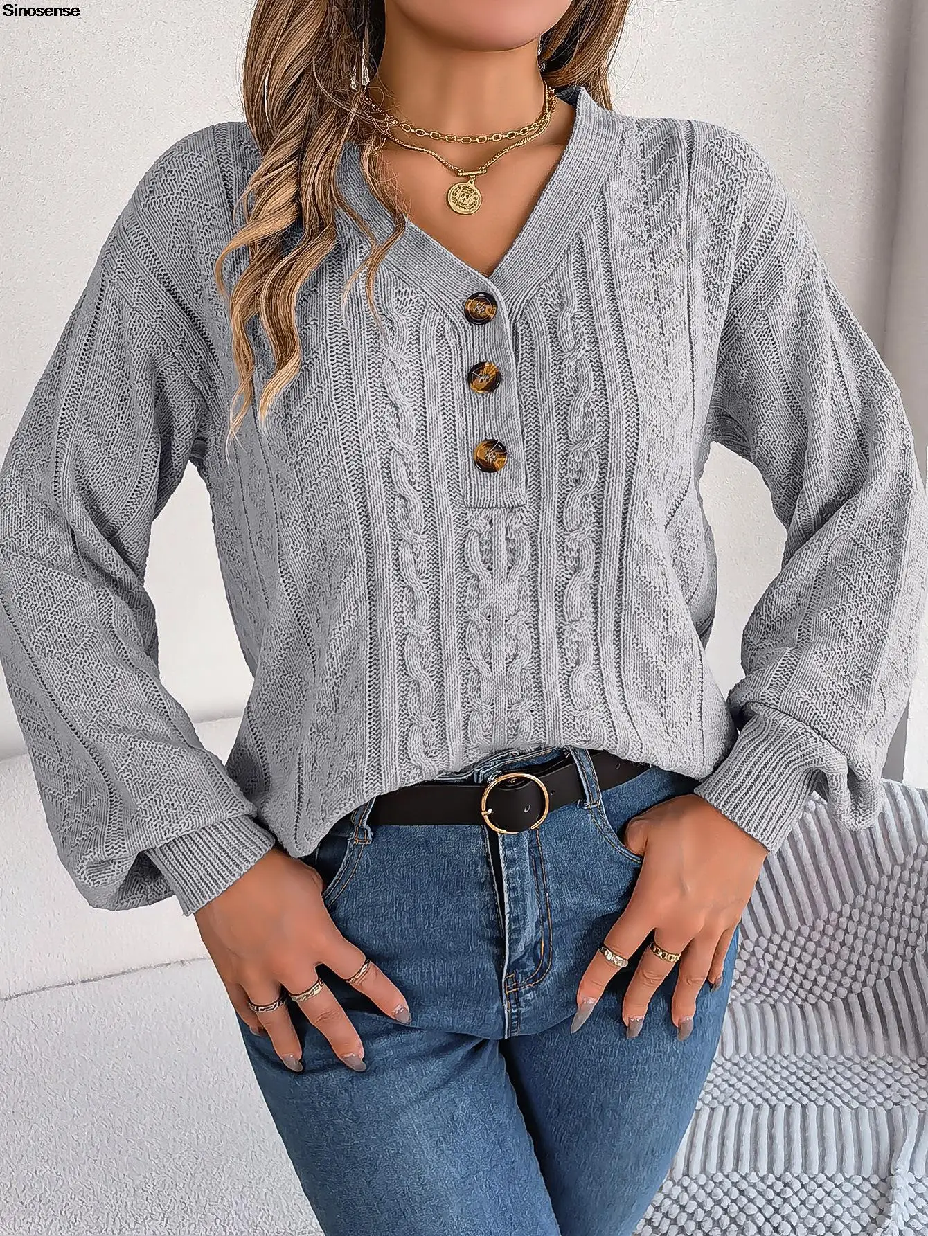 Moda jesienna jesienna jesienna sweter w warkocze seksowna dekolt z dekoltem w szpic bluza z długim rękawem luźny, dzianinowy bluzy
