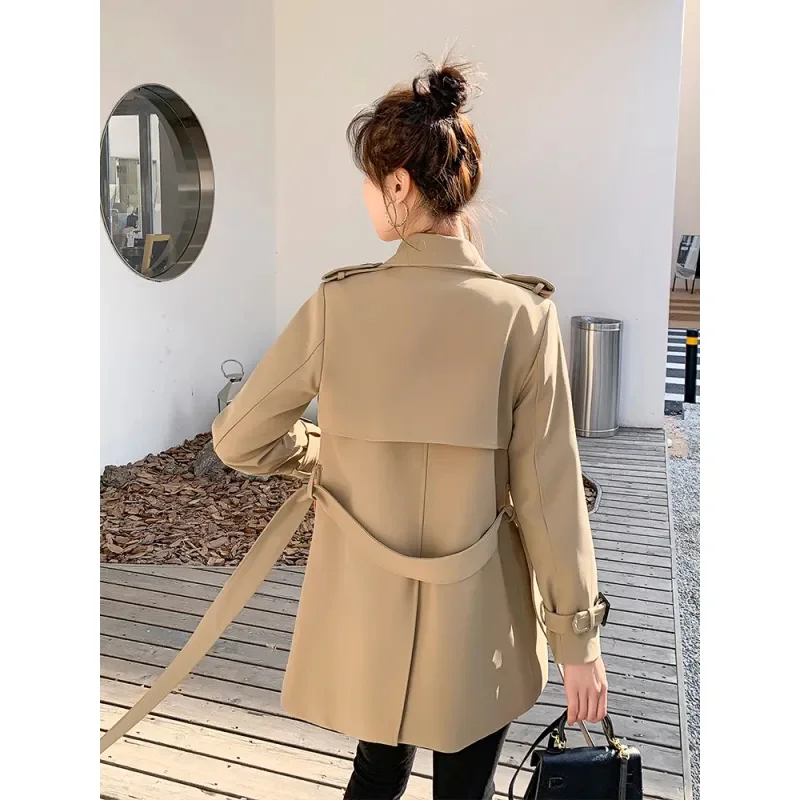 Cáqui hepburn estilo curto blusão para mulher 2024 primavera e outono trench coat com cinto high-end moda jaqueta de renda