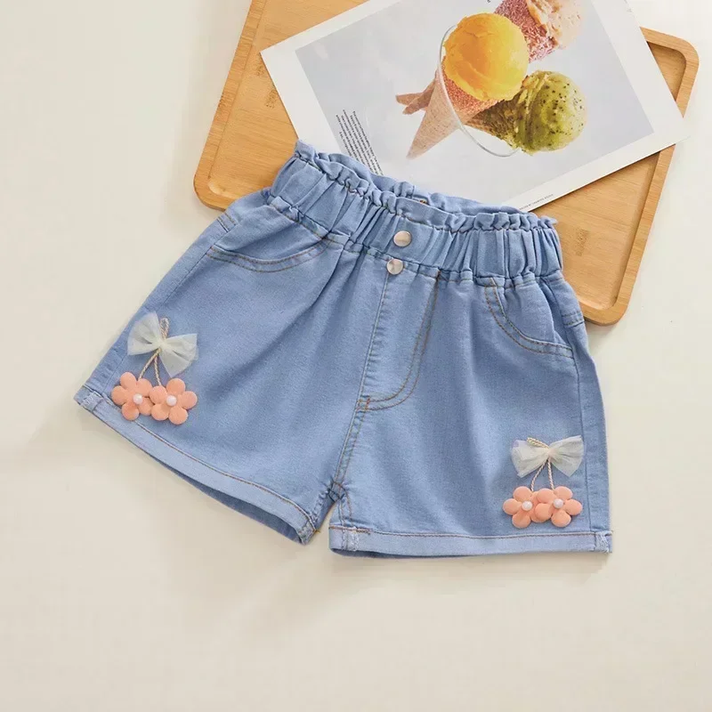 Brief Style Denim Blue Toddler Girls Denim Shorts Kids Summer Casual Short Pants Children Elastic Waist Trousers for 4-10 Years