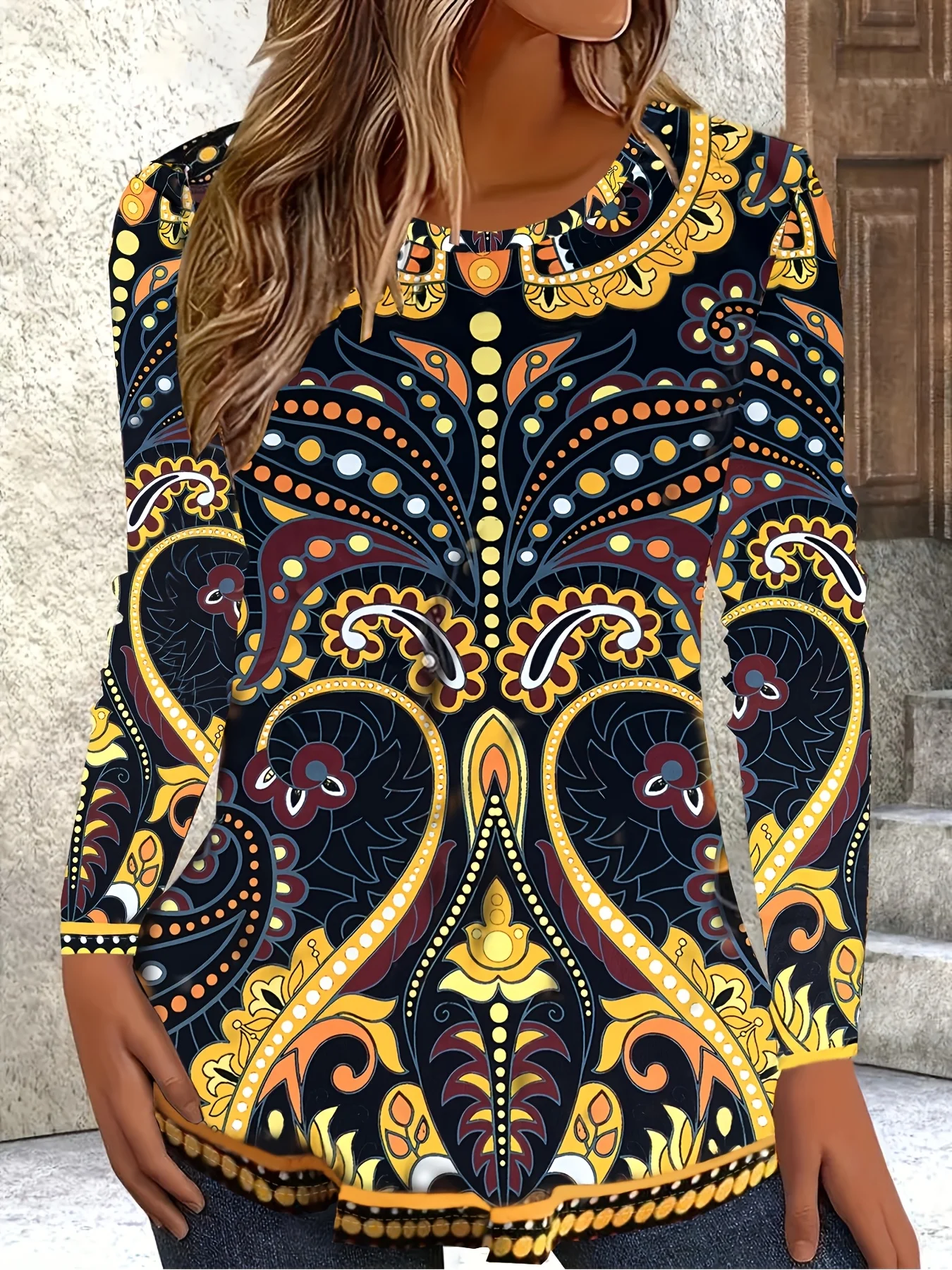 Women's Long Sleeve T-Shirt, Black Base With Vibrant Yellow Orange And Red Paisley Floral Mandala Print, All-Winter Holiday Style Top Suitable For Leisure And Sports Scenarios