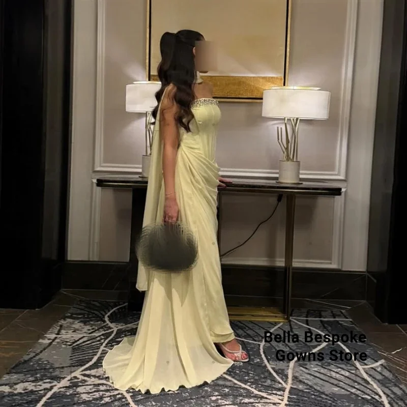 Aangepaste strapless avondjurken plooi strass kralen gedrapeerde rechte ProM-jurk moderne lange chiffon backless feestjurk