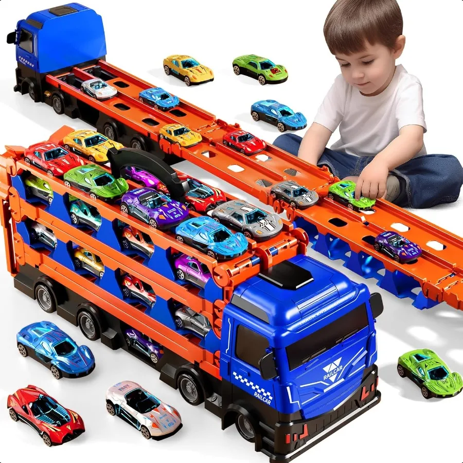 

Toy Truck for 3 4 5 6 Years Old Boys 78Inch Race Track Transport Vehicle and 12 DieCast Metal Toy Cars Carrier Truck Toddler Tr