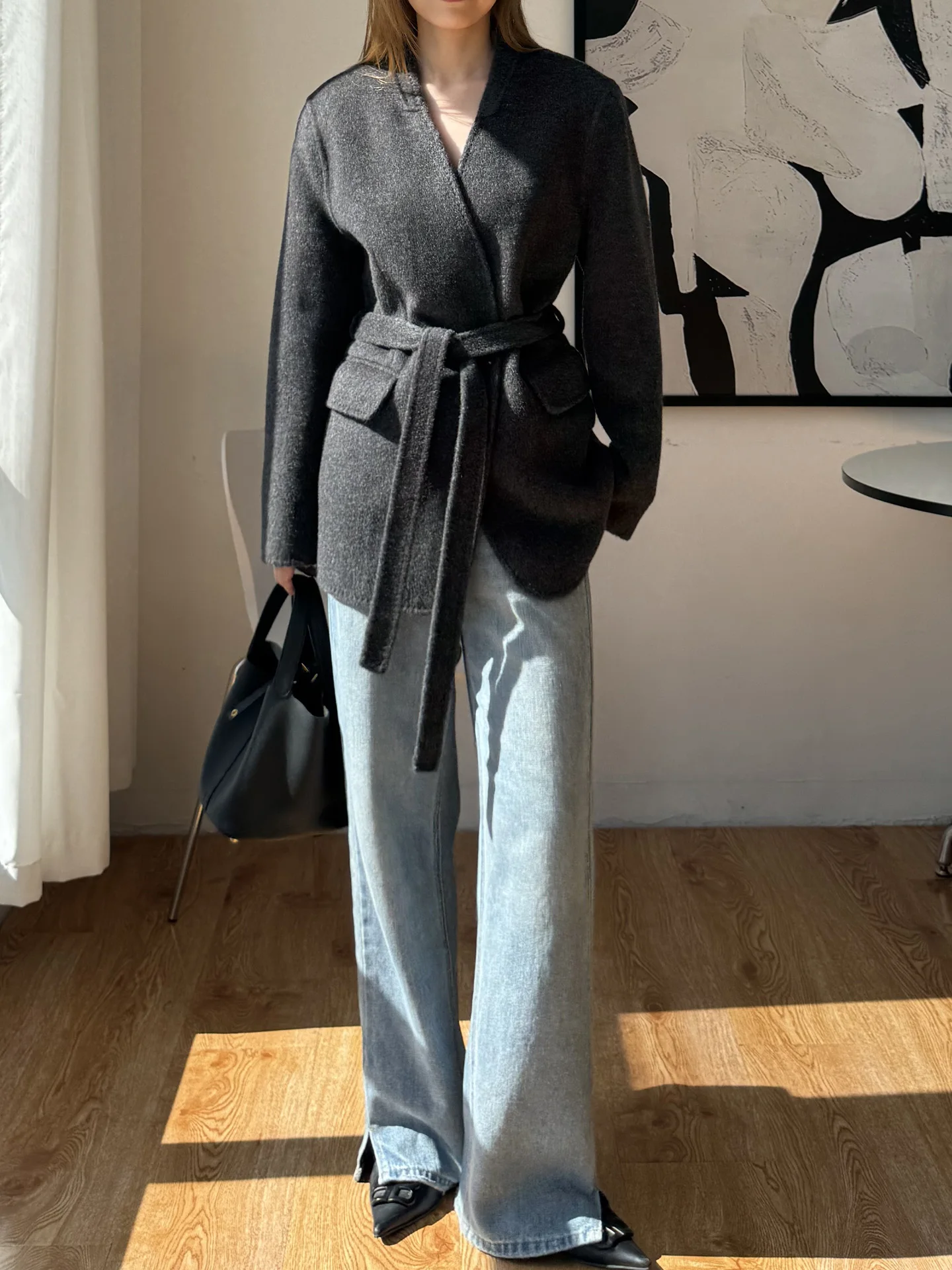 

Premium Pink Double-Faced Wool Coat ort Belted ey Tweed Jaet Women's Spring Autumn New Sle V-ne Thiened Long Sve