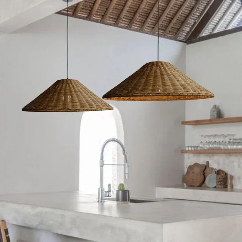Japanese-style‌ Vintage Taper Hand Knitted Rattan Ceiling Pendant Lights Living Room Kitchen Island Bedroom Study Hanging Lamps