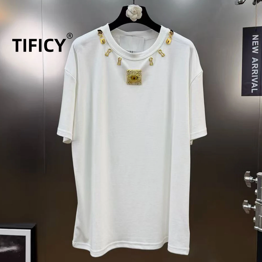 

High Street Tees Cotton Tshirt Tops Women's Spring Round Neck Heavy Metal Decorated Short Sleeve Casual Loose Streetwear T-Shirt