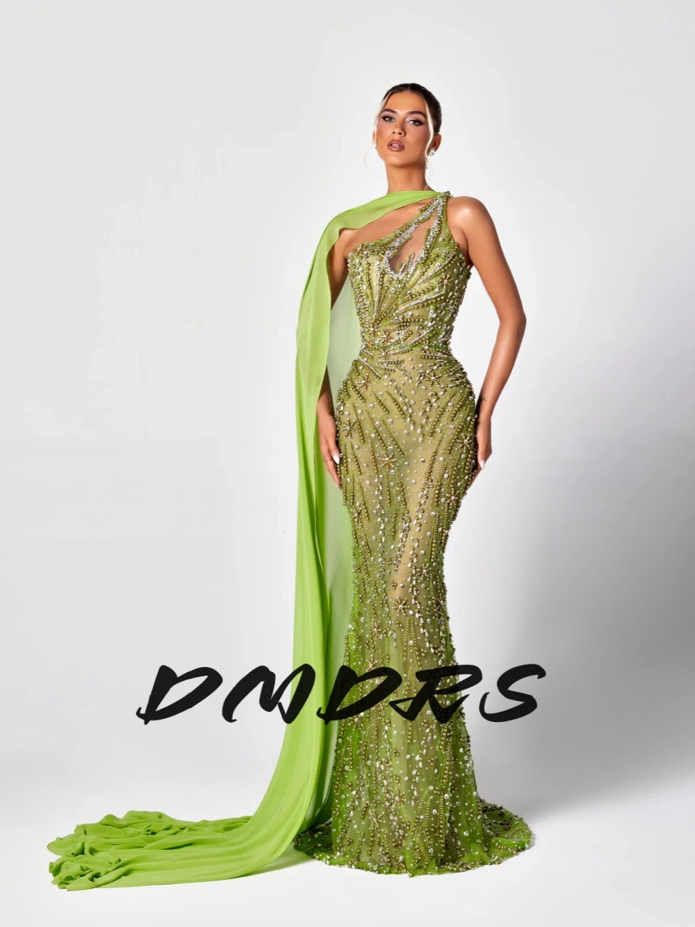 

Fitted Bodice Richly Pearls Evening Dress Customized Formal Crystals Stunning Beaded Mermaid Corset Prom Gown With Chiffon Cape