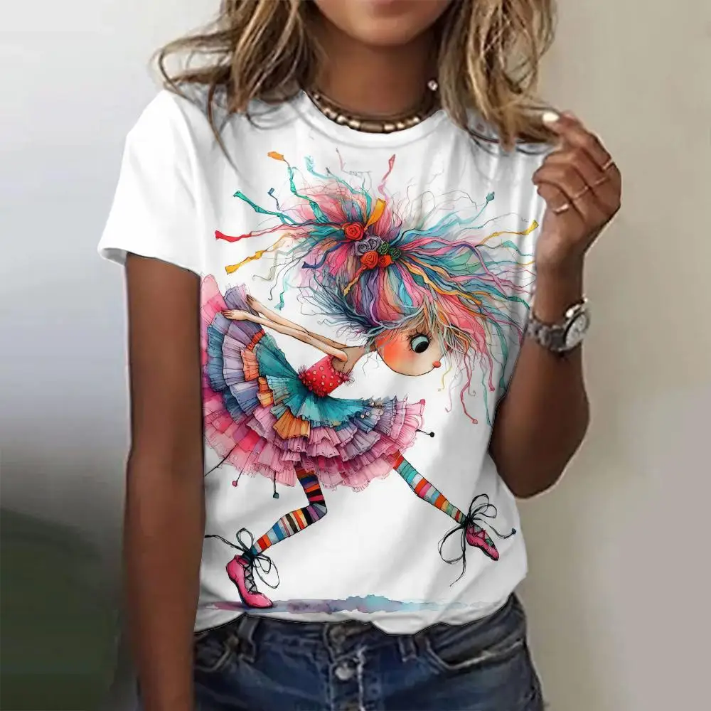 Camiseta con estampado de dibujos animados para mujer, camiseta informal holgada de manga corta con cuello redondo