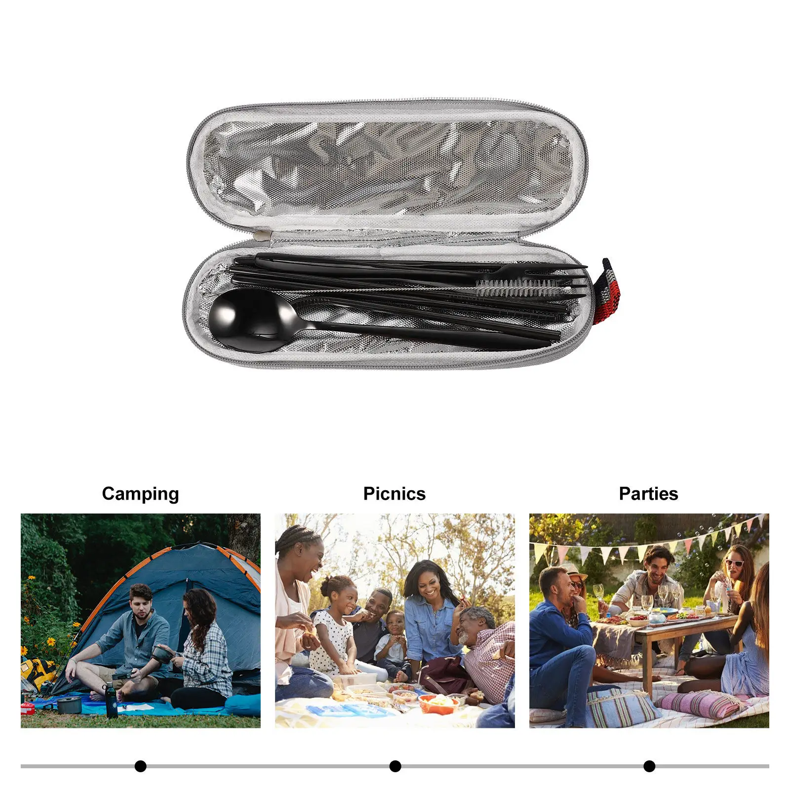 1Set Rounded Edge Stainless Steel Travel Utensil Set Fork Spoon Chopsticks Straw Cleaning Brush Compact Carry Pouch for Office