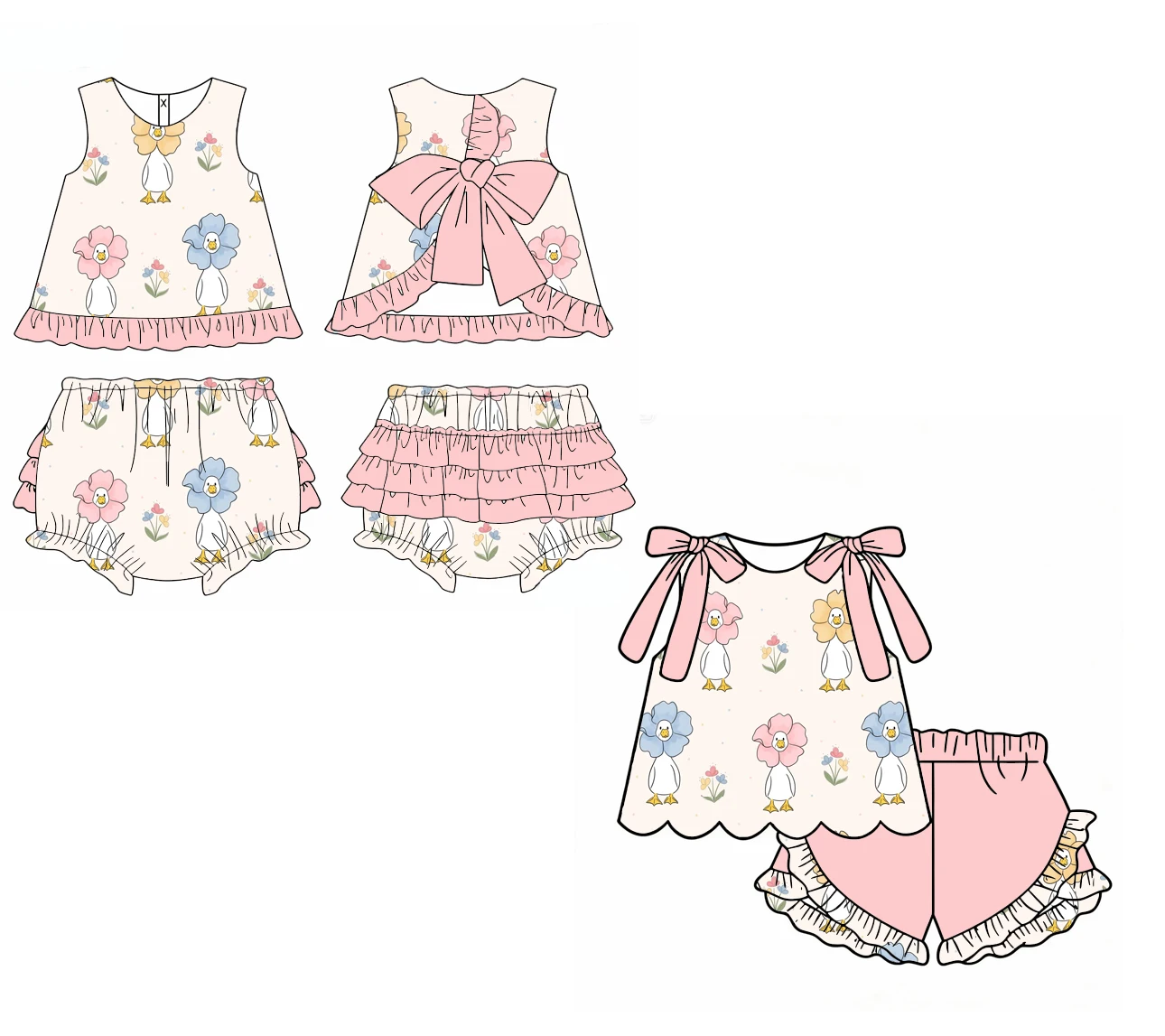 Duck and Flower Print Summer Hot-selling Pink Ruffled Bow Sleeveless Top and Shorts Set Girls Boutique Two-piece Set