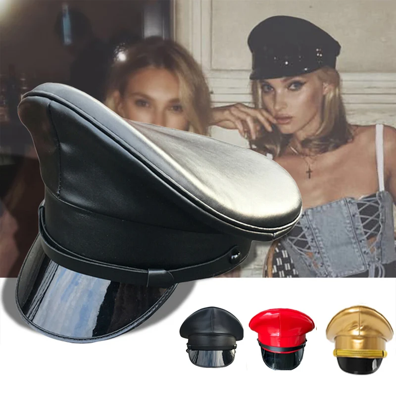 Personality Women PU Leather Captain Cap Prom Performance Big Brimmed Hat Bar Cosplay Show Hat Beret Cap