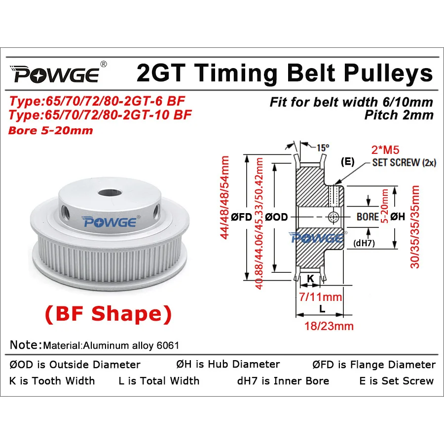 POWGE GT 65 70 72 80 teeth 2MGT 2GT Timing Pulley Bore 6-20mm for belt width 6/10mm GT3 GT2 Small Backlash 65T  70T 72T 80T 
