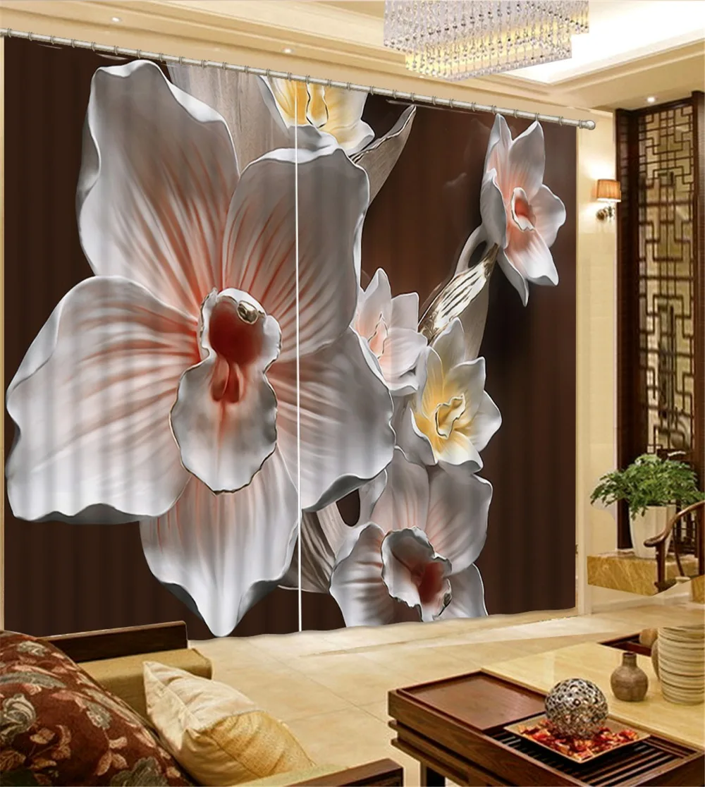 

3D Curtains Relief Lily Flowers Printing Blackout Curtains Living Room Or Hotel Drapes Cortians Sunshade Window Curtain