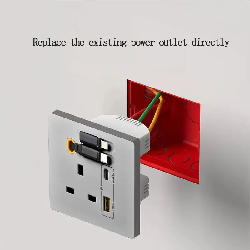 Universal British standard 86/146 Type 13A 20W USB Type-c Fast Charging Socket Panel With 80cm Retractable Cable For Charging