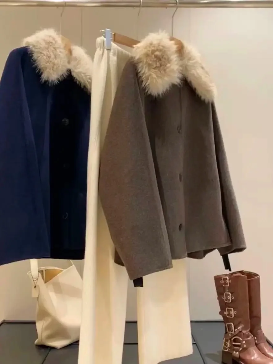 

Original high-quality women's clothing with 54 wool, new artificial fur collar loose wool blended woolen coat