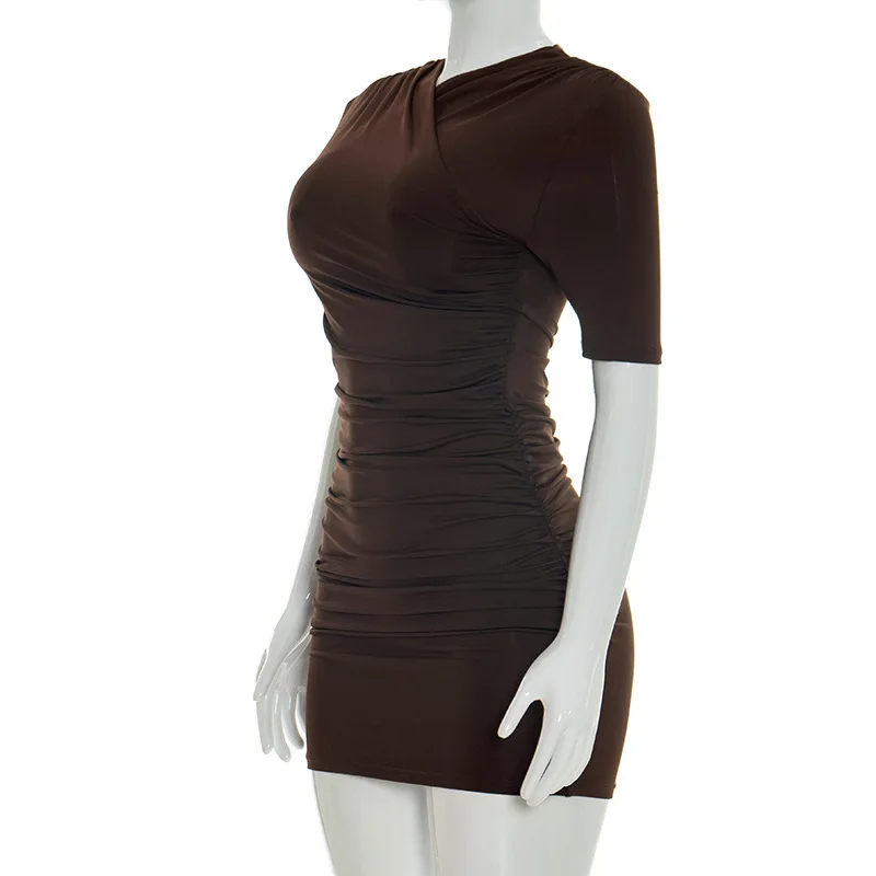 Elegantes Gerafftes Minikleid Damenmode Einfarbiges Vintage Braunes Bodycon Sexy Kleid Sommer Hochgeschnittenes Party Y2k Damenkleid – Detail 10