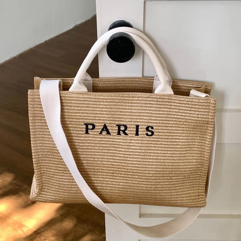 

Bohemian Beach Straw Tote Bags For Women Luxury Designer Handbags Purses 2024 New In Papyrus Weaving Letters Top Handle Shoulder