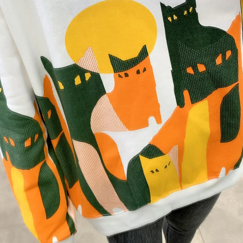 Spring Autumn Women\'s Clothing Pullover Round Neck Cartoon Printing Contrast Color Lantern Long Sleeve Hoodies Casual Loose Tops